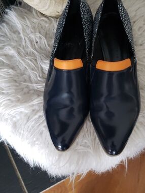 Women's Pointed Slip-On Flats in Navy with Orange Accent